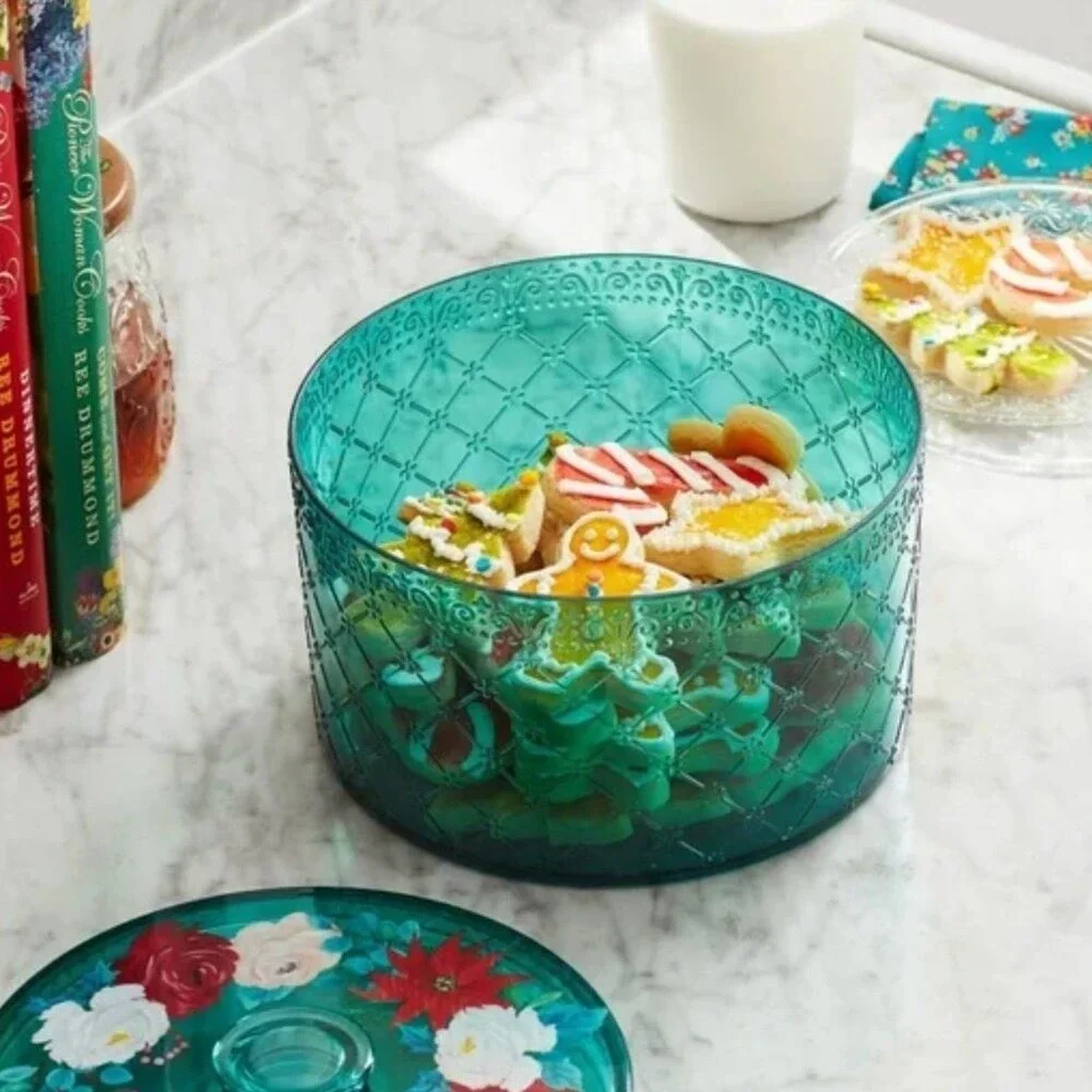 The Pioneer Woman‎ Teal Cookie Jar Floral Lid Christmas Holiday